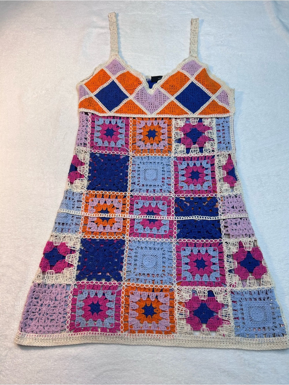 Crochet/granny-square boho patchwork mini dress one size